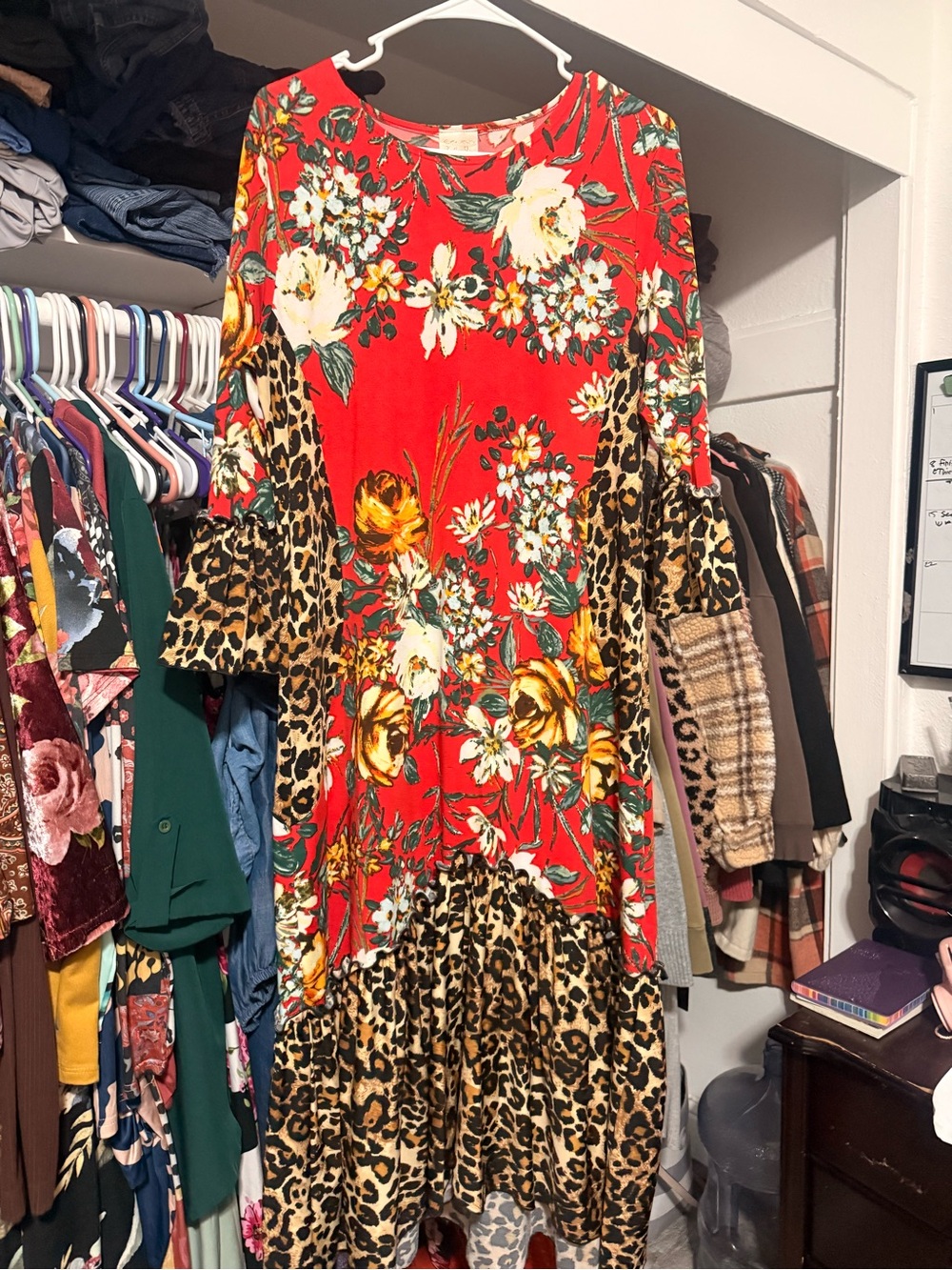 Floral & Leopard Print Red Maxi Dress